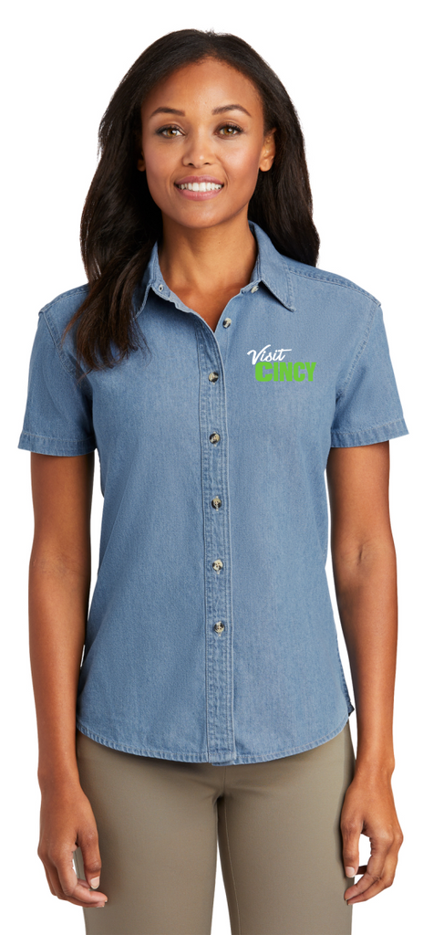 Visit Cincy LSP11 Port & Co™ Women's Short Sleeve Value Denim Shirt