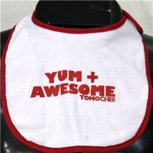 White with Red INFANT Bib with Yum + Awesome logo